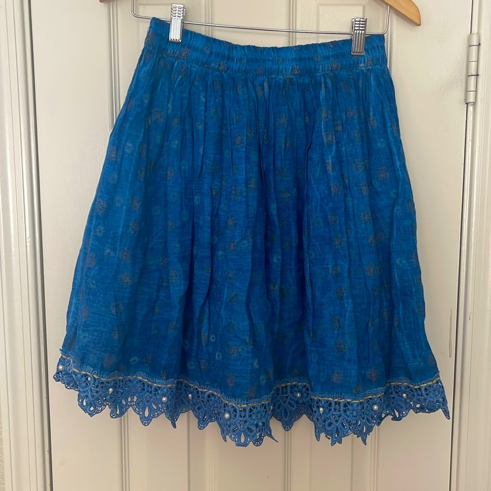 Blue Boho Skirt with Pearl and Lace Detail